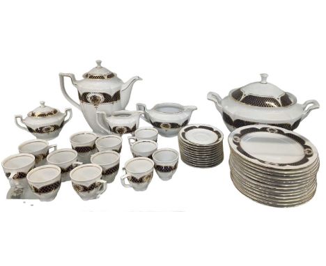 GRAF VON HENNEBERG; a German part tea and dinner service with blue and gilt decoration comprising large tureen, coffee pot, t