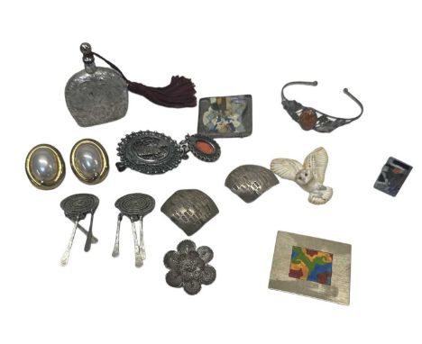 A quantity of costume jewellery including a white metal scent bottle, a Danish silver brooch, a Danish silver ring, a pair of