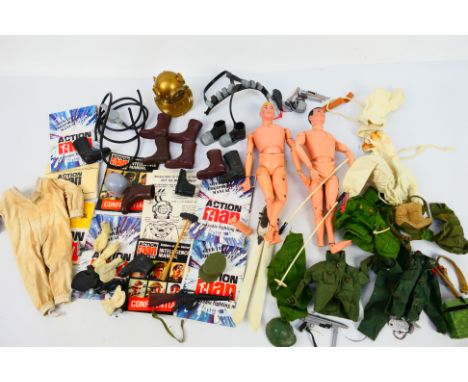 Palitoy - Hasbro - Action Man - 2 x painted head figures and a collection of clothing and accessories including guns, skis, r