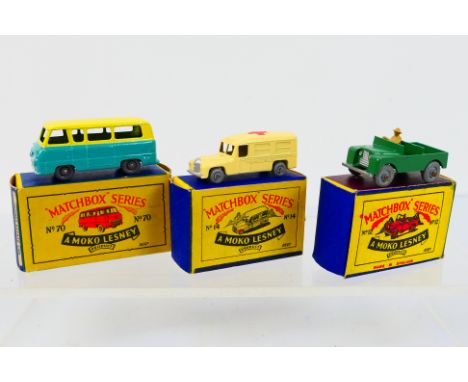 Matchbox - Moko Lesney - 3 x boxed models, Land Rover # 12, Daimler Ambulance # 14 and Ford Thames Estate Car # 70. All appea