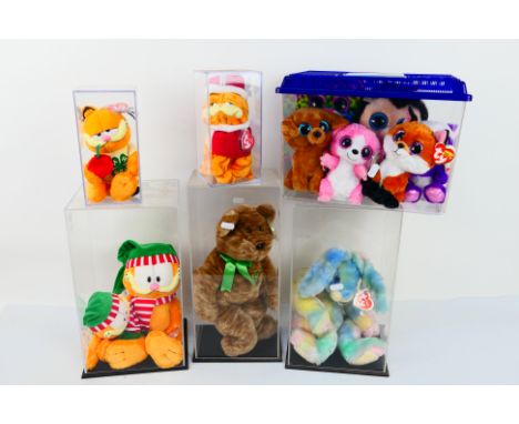Ty Beanies - A collection of 12 Ty Beanies housed within six perspex display cases and a plastic tank. Lot includes Garfield;