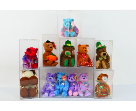 Ty Beanies - 12 Ty Beanies housed within 9 perspex display cases. Lot includes Ty Beanie Babies Peppermint; Ty Beanie Pluffie
