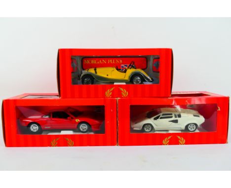 Tonka Polistil - Three boxed diecast model cars from Tonka Polistil in 1:16 scale including Ferrari California; Morgan Plus 8