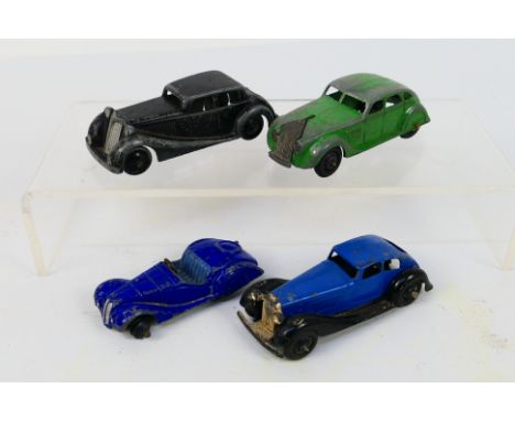 Dinky - Crescent - 4 x unboxed cars, Fraser Nash with lacquered base # 38a, Chrysler Airflow # 30a, Rover Streamlined saloon 