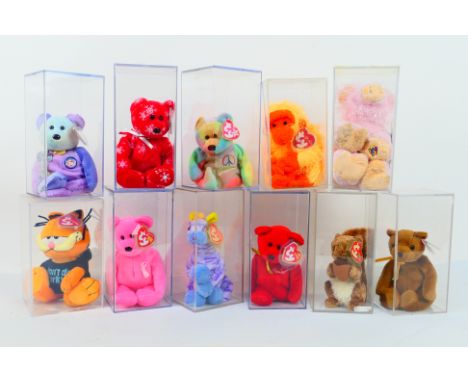 Ty Beanies - 11 Ty Beanies housed within perspex display cases. Lot includes Ty Beanie Babies Aware; Ty Orinal Beanies Garfie
