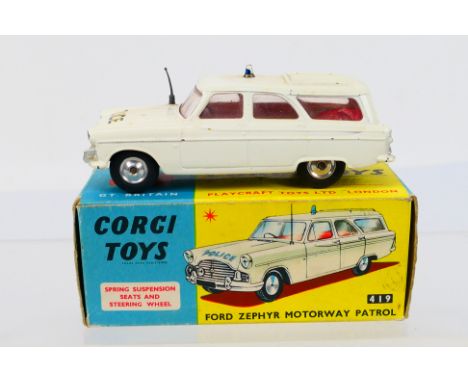 Corgi - A boxed Ford Zephyr Motorway Patrol car # 419. The model shows light signs of play use, it would benefit from a clean