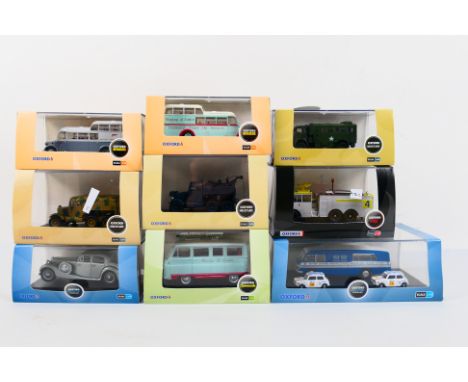 Oxford Automobile Company - a good lot of 9 off 1:43 and 1:76 scale model motor vehicles comprising buses, military and emerg