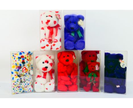 Ty Beanies - 10 Ty Beanies housed within seven perspex display cases. Lot includes Ty Beanie Buddy 2006 Holiday Bear; Ty Bean