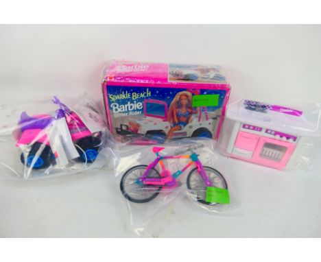 Barbie - Mattel - A group of boxed and unboxed Barbie doll accessories including a Barbie Sparkle Beach Glitter Rider Jeep; B