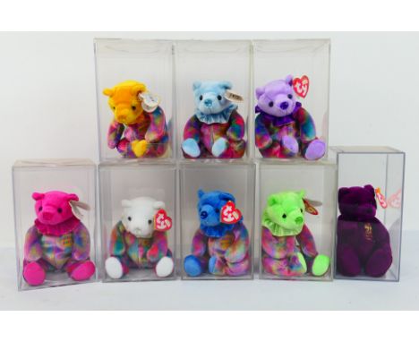 Ty Beanies - Eight Ty Beanies housed within perspex display cases. Lot includes Ty Beanies Majestic; Ty Beanie Birthday Novem
