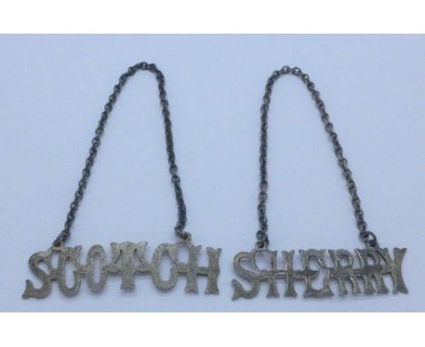 A pair of sterling silver wine labels, Sherry and Scotch