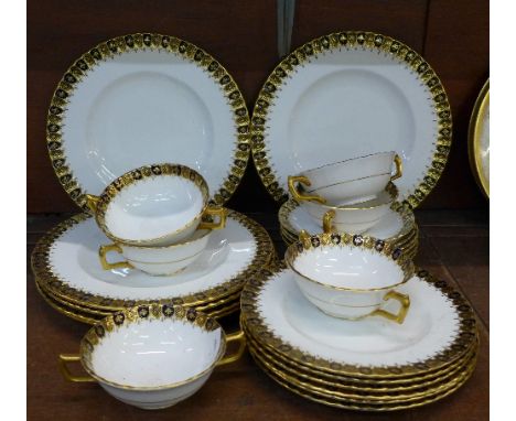 Royal Crown Derby Bow dinnerware, twenty-four pieces comprising six large dinner plates, six medium plates and six bowls with