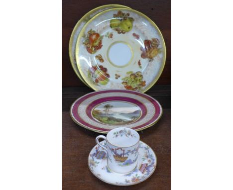 Two English china plates decorated with fruit, signed D. Millington, one other plate with highland scene and a Royal Worceste