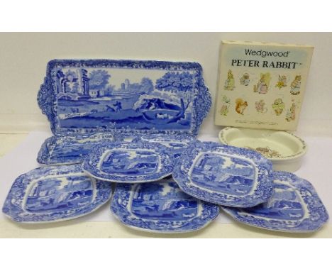 Italian Spode china comprising six plates, a tray, drainer and a Wedgwood Peter Rabbit bowl, boxed