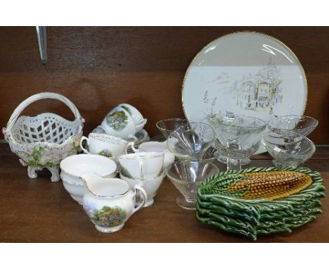 A continental floral encrusted basket, a Royal Vale tea service, a German platter, glassware and corn dishes