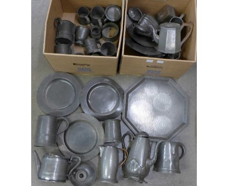 Two boxes of 19th Century pewter including a quart tankard with spout, engraved N.St.Leger, Coopers Arms, Golden Lane, City; 