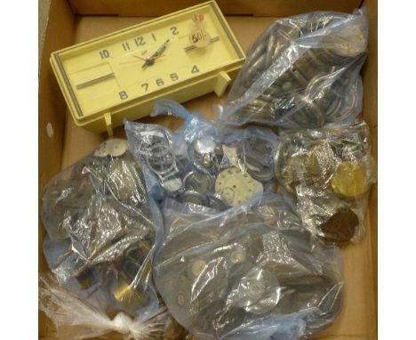 Pocket watch cases, watch glasses, dials, for spares, and a Coral mantel clock