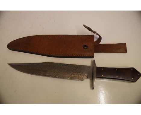 Damascus Bowie Knife with Leather Scabbard - 39cm