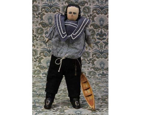 Folk Art, Maritime Interest - a carved and painted wooden doll, as a Sailor, the carved and painted wooden head with black ha