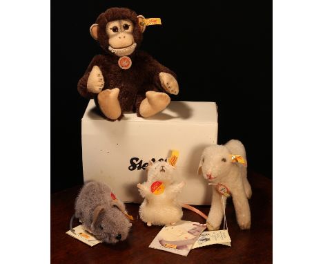 Steiff (Germany) EAN 030826 Bongo Chimpanzee, trademark 'Steiff' button to ear with red and yellow tag, cardboard chest tag i