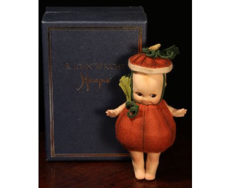 An R.John Wright miniature Kewpie Pumpkin felt doll, cardboard tag to reverse, 18cm high, boxed, No.131 of 250