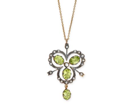 A PERIDOT, PEARL AND DIAMOND NECKLACE designed as a clover, set with oval cut peridots, seed pearls and round cut diamonds, n