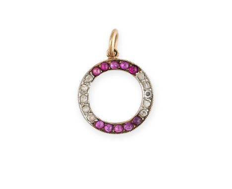 AN ART DECO RUBY AND DIAMOND PENDANT the circular body set with rose cut rubies and diamonds, no assay marks, 1.7cm, 0.7g.