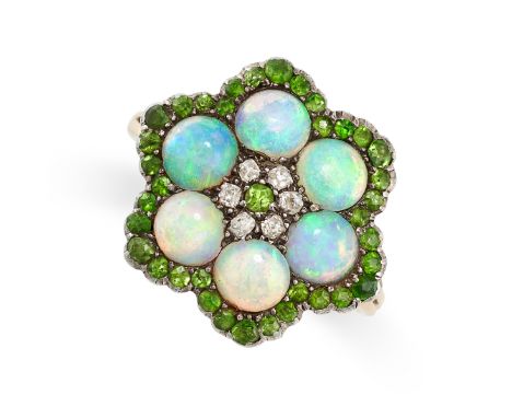 AN ANTIQUE OPAL, DEMANTOID GARNET AND DIAMOND CLUSTER RING in yellow gold and silver, the floral face set with cabochon opals