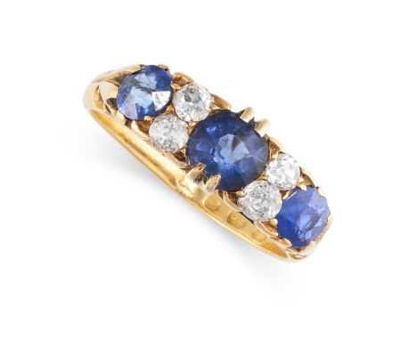 AN ANTIQUE VICTORIAN SAPPHIRE AND DIAMOND RING in 18ct yellow gold, set with set with alternating round cut sapphires and old