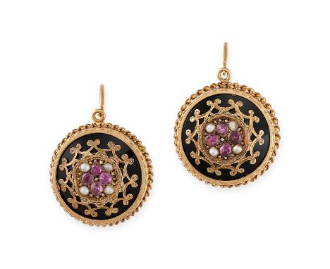 NO RESERVE - A PAIR OF ANTIQUE FRENCH ONYX, GARNET AND PEARL EARRINGS in 18ct yellow gold, the circular bodies set with black