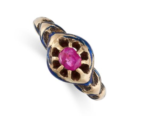 AN ANTIQUE RUBY AND ENAMEL RING in yellow gold, set with a cushion cut ruby within a border of blue enamel, no assay marks, s