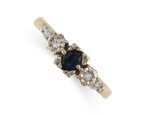 A VINTAGE SAPPHIRE AND DIAMOND RING in 18ct yellow gold, set with an oval cut sapphire between two single cut diamonds, Briti