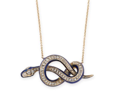 AN ANTIQUE DIAMOND AND ENAMEL SNAKE PENDANT NECKLACE in yellow gold, designed as a snake coiled around itself, set with rose 