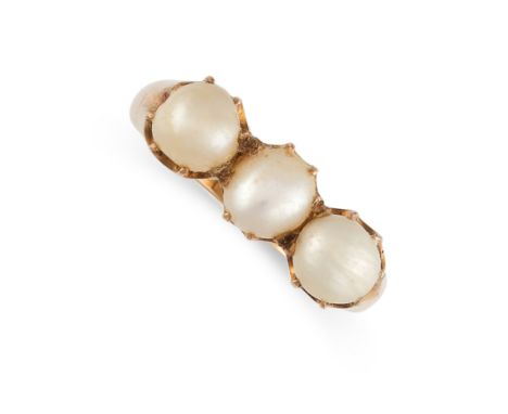 A NATURAL PEARL DRESS RING in yellow gold, set with three pearls ranging from 4.8mm - 5.2mm, Chinese character mark, size L /