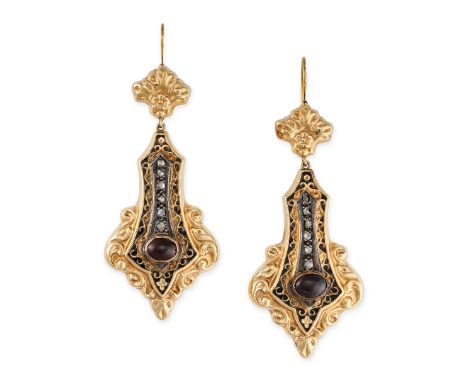 NO RESERVE - A PAIR OF ANTIQUE DIAMOND, GARNET AND ENAMEL EARRINGS in 14ct yellow gold, the articulated bodies set with a row