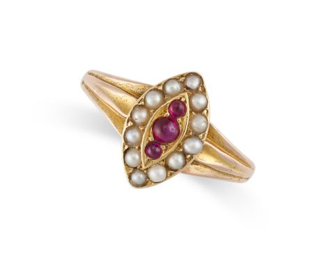AN ANTIQUE RUBY AND PEARL RING in 18ct yellow gold, the navette face set with a row of cushion cut rubies within a border of 
