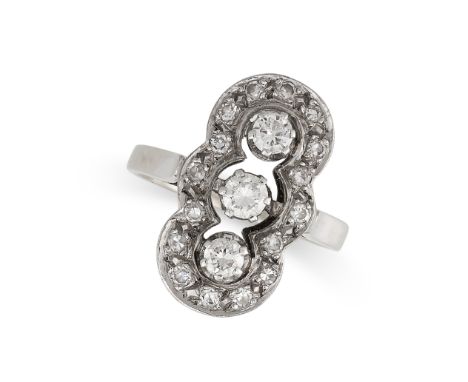 AN ART DECO DIAMOND RING in 14ct gold, set with three round cut diamonds within a border of single cut diamonds, stamped 585,