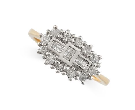 A DIAMOND DRESS RING in 18ct white and yellow gold, set with a cluster of baguette and brilliant-cut diamonds, all totalling 