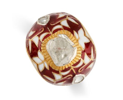 A DIAMOND AND ENAMEL RING set with a flat cut diamond in a border of red and white enamel, accented by further diamonds, no a