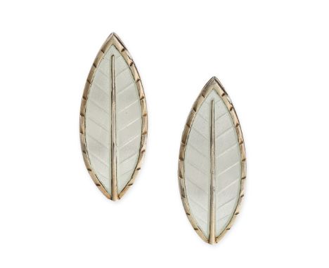 A PAIR OF SCANDINAVIAN ENAMEL LEAF EARRINGS in silver, designed as leaves, decorated with white enamel, screw back fittings, 