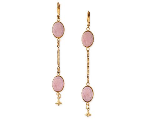 NO RESERVE - A PAIR OF ANTIQUE CAMEO DROP EARRINGS in yellow gold, the long bodies set with two pink ceramic cameos, depictin