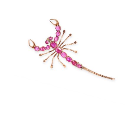 A BURMA NO HEAT RUBY SCORPION BROOCH, CIRCA 1900 in yellow gold, designed as a scorpion, set with cushion cut and oval cut ru
