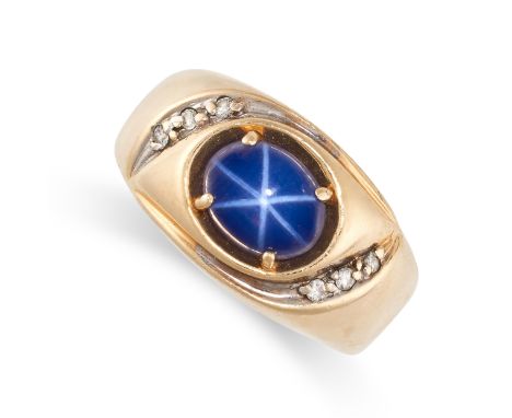 NO RESERVE - A VINTAGE SYNTHETIC STAR SAPPHIRE AND DIAMOND RING in 14ct yellow gold, set with a synthetic star sapphire accen