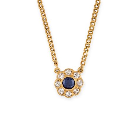 A SAPPHIRE AND DIAMOND PENDANT NECKLACE set with a round cut sapphire in a cluster of single cut diamonds, on a curb link cha