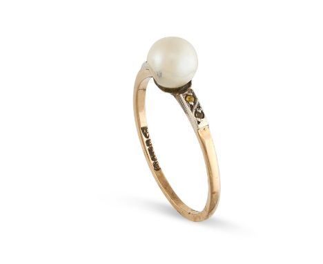 A VINTAGE PEARL RING in 9ct yellow gold, set with a pearl of 6mm, accented by white gemstones to the band, British hallmarks 