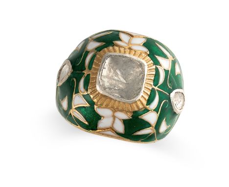 A DIAMOND AND ENAMEL RING set with a flat cut diamond in a border of green and white enamel, accented by further diamonds, no