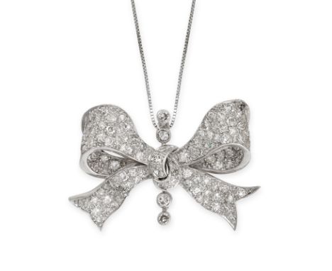 A VINTAGE DIAMOND BOW PENDANT NECKLACE designed as a ribbon tied as a bow, set with single cut and round cut diamonds, chain 