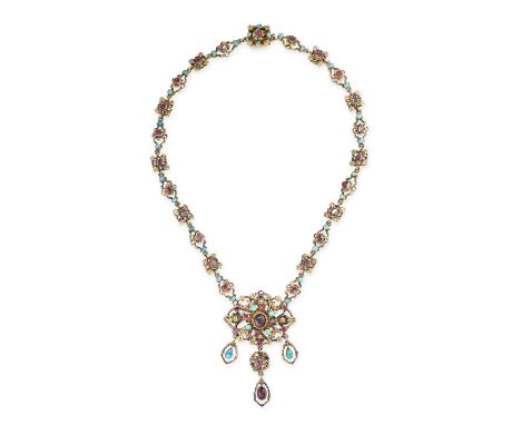 AN ANTIQUE AUSTRO-HUNGARIAN GARNET, TURQUOISE AND ENAMEL NECKLACE formed of a series of foliate links set with oval and caboc