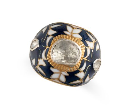 A DIAMOND AND ENAMEL RING set with a flat cut diamond in a border of blue and white enamel, accented by further diamonds, no 