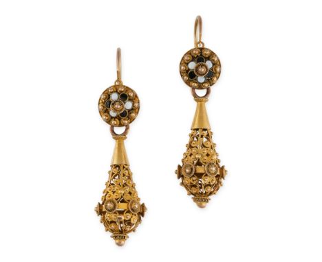 NO RESERVE -&nbsp;A PAIR OF ANTIQUE ENAMEL DROP EARRINGS in yellow gold, comprising a circular motif accented with white and 